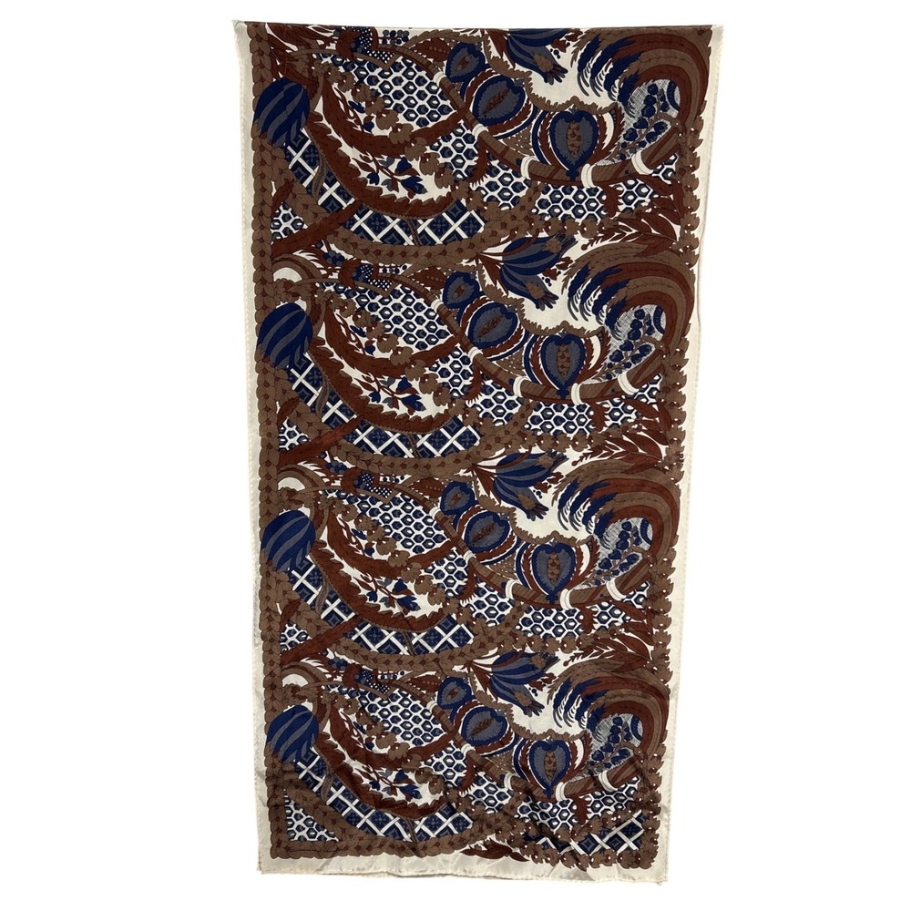 VTG 1987 Ginnie Johansen Silk‎ Scarf Brown Blue Paisley Floral Made in Japan EUC